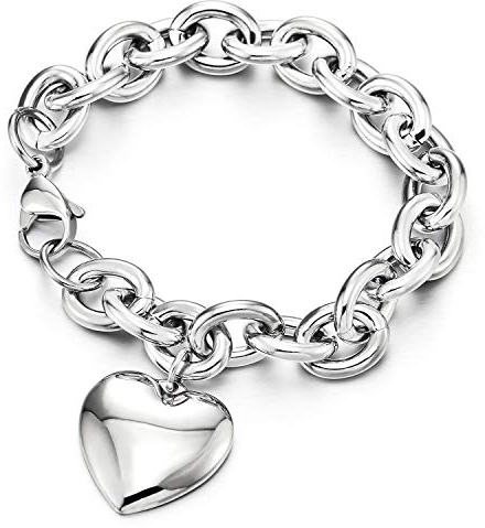 COOLSTEELANDBEYOND Rolo Kette Charm-Armband für Damen, Gliederarmband Edelstahlarmband mit Puff Herz, Poliert