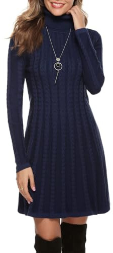 Gyabnw Vestito Casual Donna Invernale in Maglione Abito Vita Alta Elegante Collo Alto di Orlo Svasato Abito Linea A in Maglia al Ginocchio Caldo di Moda Treccia Ritorta, Blu Notte, L
