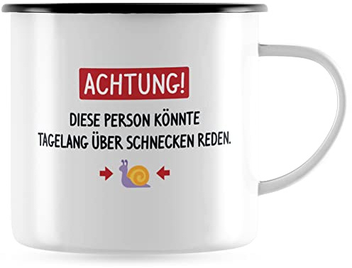 JUNIWORDS Emaille-Tasse, Achtung! Diese Person könnte tagelang über Schnecken reden, Schwarzer Tassenrand (1005912)