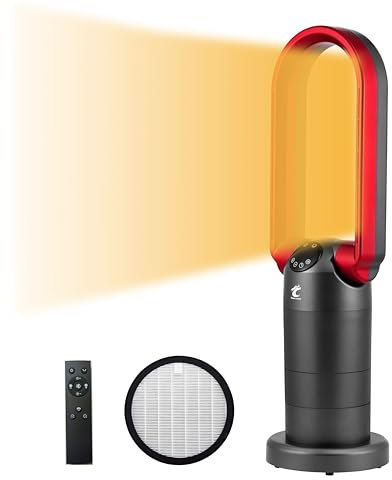 Rotorloser Turmventilator mit Luftreiniger, 9 Geschwindigkeiten, 9 Stunden Timer, Kühlung, 120° oszillierender flügelloser Ventilator mit Fernbedienung, Tischventilator für Heimbüro, Grau-Rot