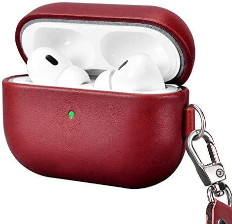 Leder Hülle für AirPods Pro 2 2022, ICARERFAMILY Premium Echtleder Stoßfeste Schutzhülle für AirPods Pro 2 Kopfhörer Ladetasche mit Loch (LED sichtbar) Unterstützung Wireless Ladegerät-Rot