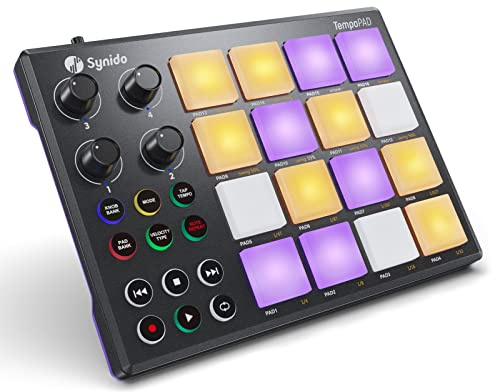 Synido Beat Maker Machine mit 16 RGB Backlit Beat Pads, TempoPAD USB Portable MIDI Drum Pad Controller, 4 zuweisbare Regler, für Anfänger Musikproduktion, Schwarz