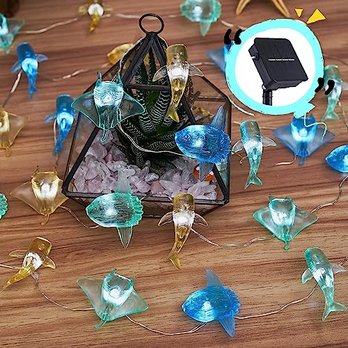 Luci solari da giardino per esterni, luci decorative nautiche con 40 LED, 4,3 m, decorazione per albero da spiaggia (squalo balena, pesce sole, manta)