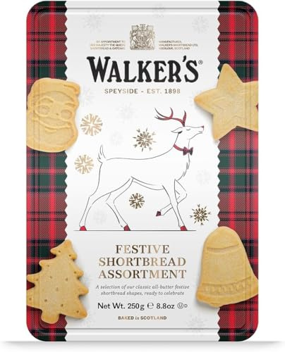 Walker’s Assorted Shortbread Cookies in Festive Shapes - Reindeer Shortbread Cookie Tin (8.8 oz) - Includes Christmas Tree, Bell, Star and Santa Claus Shaped Christmas Cookies in Tin​