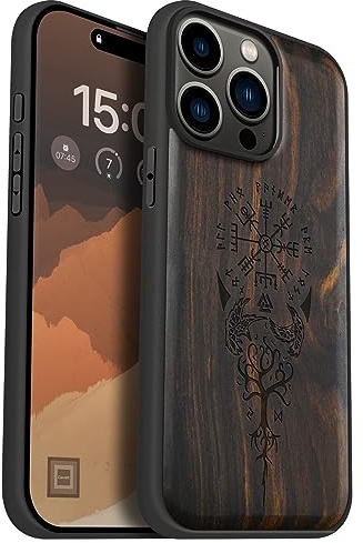 Carveit Holz Cover für iPhone 15 Pro Max hülle, Kompatibel mit Magsafe Silikon Stoßfeste Cover, Magnetisch hull für Apple 15 pro max Case（Dunklesholz-Wikingerkompass Vegvisir）. | Handyhulle kompatibel MagSafe Massivholz für iPhone 15 Pro Max Handyhülle Stoßstange Weich TPU Case