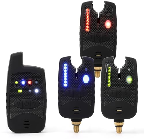 Mounchain Kabelloser Angelbissanzeiger 4er-Set, digitaler Bissanzeiger zum Karpfenangeln, wasserbeständig mit 3 Sendern und 1 Empfänger