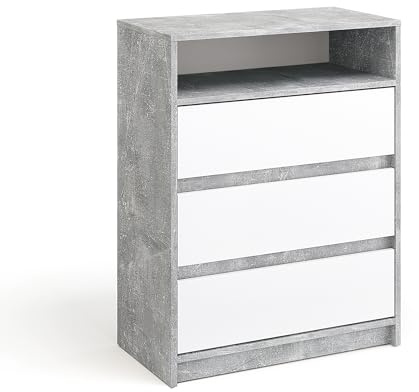 KOMTO Kommode mit 3 Schubladen - Komodenschrank für Schlafzimmer Schubladenkommode mit 1 offenen Fächern für Wohnzimmer | Sideboard Leon Beton/Weiß 70 x 37 x 90 cm