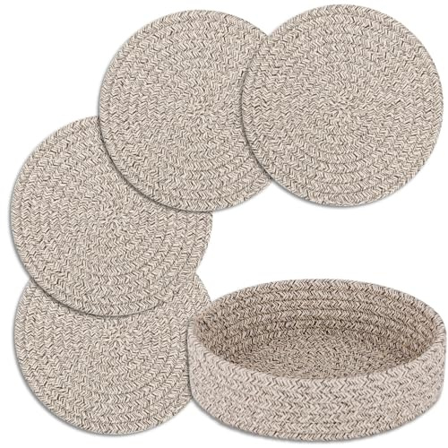 Trivets for Hot Dishes, Pots and Pans, Heat Resistant Hot Pads with Storage Basket, Pot Holders for Kitchen Countertop, Trivet Mats Home Essentials Farmhouse Decor (Brown 4 Pcs)