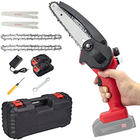 Mini tronçonneuse électrique sans fil de 6 pouces, avec 2 batteries 36 V et 2 chaînes, petite tronçonneuse à main avec verrouillage de sécurité, soutien-gorge de tronçonneuse alimenté par batterie