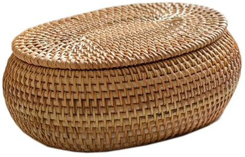 BEAHING Runder gewebter Korb, Rattan Box mit Deckel, 5,5x6,7 x 2,8 Zoll Rattankorb, ovaler handgewebter Korb mit Deckel, Dekorationsschachtel Desktop für die Heimathäuser Küche