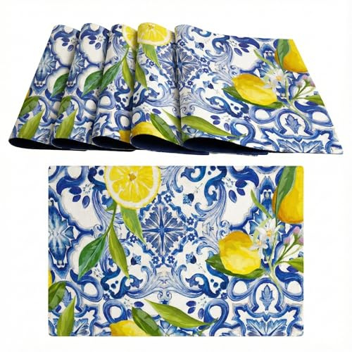 Set mit 6 amerikanischen Tischsets, waschbar, aus Baumwolle, amerikanische Frühstücksbrettchen mit Zitronen, 45 x 30 cm, verschiedene Dekorationen und Farben
