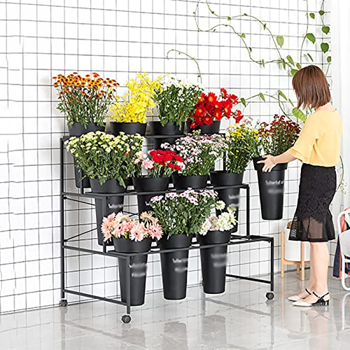 Plant stand3-lagiger Pflanzenständer aus Metall, Blumenständer mit 12-teiligen Eimern, Blumeneimer, Blumenwagen aus Eisenkunst mit 4-teiligen Rädern, für den Innenbereich