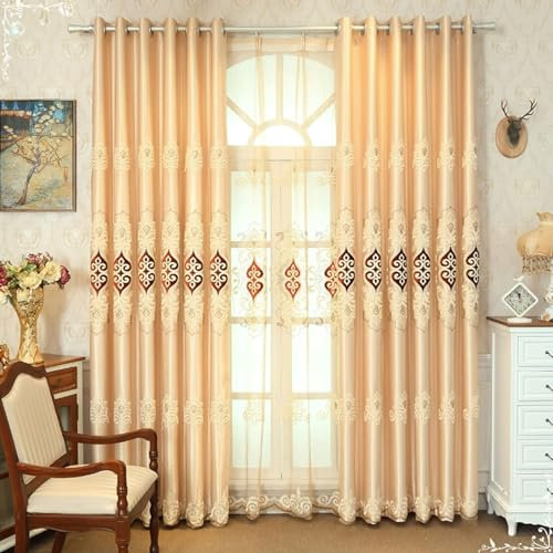 Beydodo Vorhänge Verdunklung mit Ösen 137x229CM, Gelb Gardinen Blickdicht 2er Set Stickerei mit Blumen Motiv Doppellagig Nordisch Verdunkelungsvorhang Kinderzimmer Schlafzimmer Wohnzimmer