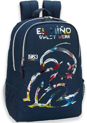 OFITURIA Zaino Scolastico Giovanile, Adattabile a Carrello, Grande Capacità, Doppia Cerniera, Blu Marino, Schienale e Spallacci Imbottiti, Tasche Laterali a Rete (El Niño)