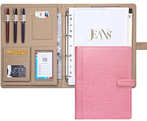 Schreibmappe A4 Ringbuchmappe Dokumentenmappe Leder Businessmappe Organizer Klemmbrett Konferenzmappe Portfolio Mit Notizblock Nachfüllbar(Pink)