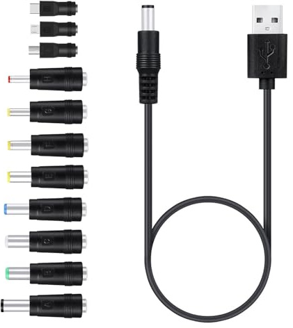 Ansodo 5v Usb to Dc Power Cable with 10 Connector Plugs, 5.5 X 2.1mm Universal Charger Cable, Suitable for Laptops, Routers, Keyboards, Speakers, etc
