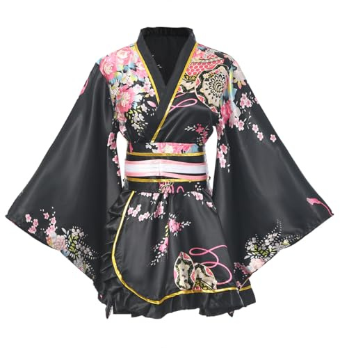 BPURB Kimono Costume Giapponese Tradizionale Geisha Yukata Cosplay Donne Sexy Fiori di Ciliegio Patten Accappatoio Da Notte Con Cintura Obi, Nero, M