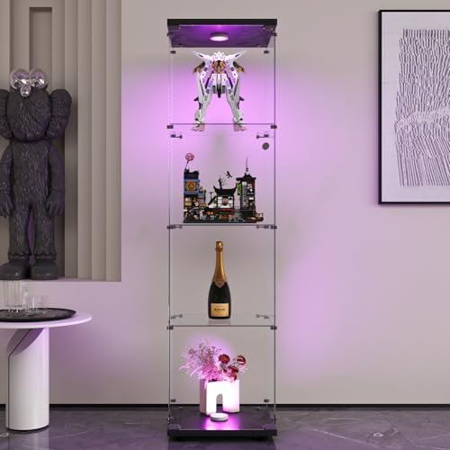 Vitrin av glas, hyllskåp, golvförvaring, transparent, modernt vitrinskåp, för bar, vardagsrum, sovrum, kontor (svart, 4 våningar, LED, 164 x 42 x 36 cm)