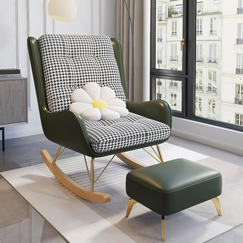 Moderner, bequemer Schaukelstuhl, gepolstert, Schaukelstuhl für das Schlafzimmer im Innenbereich, Loungesessel für den Balkon, Sofasessel, ergonomische Stühle, mit Fußhocker (Farbe: Braun) (Grün, Ein
