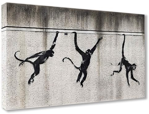 Kunstbruder Wandbilder Banksy Urban Streetart Quer, Home Deko Wohnung Bild Wohnzimmer Bilder Leinwand Graffiti kunstdrck - Moderne Mood Bilder Bunt (drei_affen_klettern, 100x150 cm, Quadratisch)