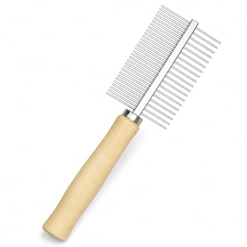 Double Row Dog Grooming Comb, Stainless Steel Teeth Wooden Handle Pet Comb for Dogs Cats, Professional Deshedding Dematting Tool for Long Short Haired Pets