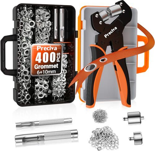 Magnetic Grommet Punch Kit,Preciva 6+10mm Magnetic Replacement Eyelet Pliers Set with 400 Silver Metal Grommets and 2PC Punching Chisels, for DIY,Leather Punch Grommet Tool for PVC