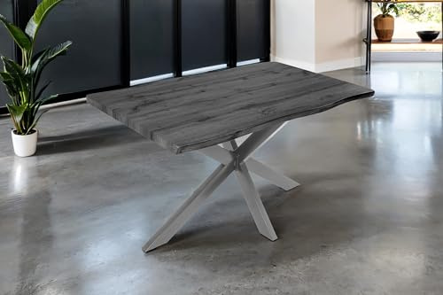 SAM Esstisch Josy 120x80 cm Holz-Optik Grau Spider-Gestell Silber | 40 mm Tischplatte mit Baumkante, Metallgestell, Tisch für Esszimmer & Küche