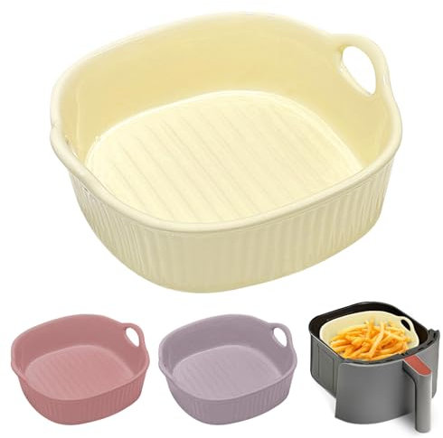 Plat à gratin rond en céramique pour friteuse à air chaud 18,5 x 16,5 x 5,5 cm, plat à lasagnes, plat à lasagnes, moule rond émaillé multicolore pour lasagnes, frites, soupe (jaune clair)