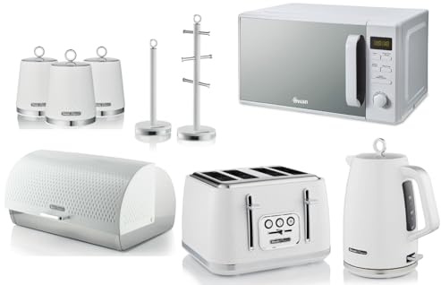 Swan Elegance White 1.7L Kettle, 4 Slice Toaster, Breadbin, Canisters, Mug Tree, Towel Pole and 800W 20L Digital Microwave. Contemporary Matching Kitchen Set of 9 with a Premium Textured White Finish