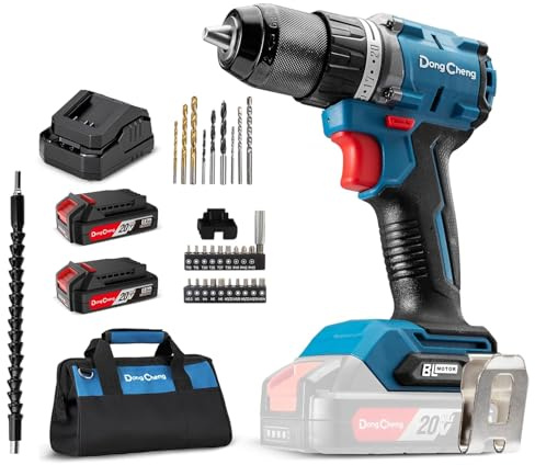 Dong Cheng 20V Brushless Heavy-duty Impact Drill, 531in-lbs, 1/2 Keyless Metal Chuck, 20+1+1 Clutch, Cordless Hammer Drill with 2 * 2.0Ah Battery Kit for Drilling Brick Wall, Metal, Wood