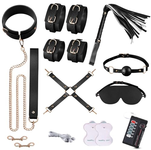 BDSMYOU Set di 9 pezzi per Bondage Sex Toys Coppia,BDSM Bondagerie Accessori con Elettroshock,Elettrodi per Elettrostimolatore,Manette per Coppia,Frustino Bondagerie,Toys Sessuali per Coppie (Nero)