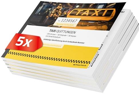 Primus Print TAXI Quittungsblock 5x DIN A6 quer & gelocht, 2x50 Blatt mit Durchschlag, selbstdurchschreibend, mit Perforation und Nummerierung - Quittung - Rechnungsblock - Taxi-Fahrpreisquittung