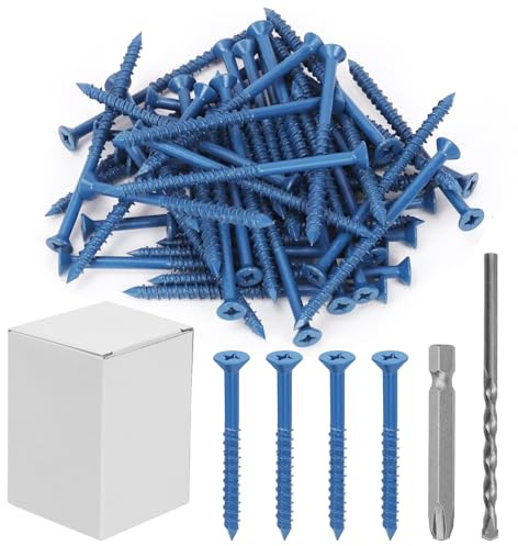 Keadic 50 PCS 3/16 Concrete Screw Anchor with Phillips Flat Head & Drill Bit Set - Perfect for Anchoring to Masonry, Block or Brick Stucco,Secure Fastening on Concrete (Blue,Long 82mm/3-1/4in)