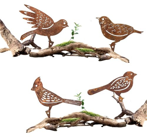 LUMOOM 4 decorazioni da giardino con uccelli, in metallo arrugginito, per esterni, decorazione per uccelli arrugginiti, effetto ruggine, spina per alberi in legno, giardino, terrazza, balcone (uccello