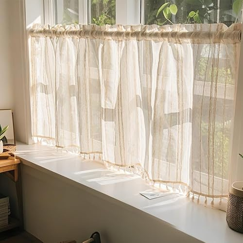 Daliena Scheibengardinen mit Quaste Küchengardinen Leinen Kleinfenster Gardinen Kurzvorhang Natur Halbtransparent, Gardinen im Landhausstil Vintage (BxH 100x90cm) Naturfarben 1 stück