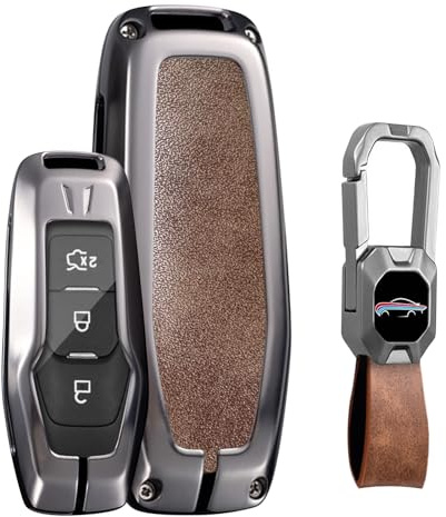 KUNIO Schlüsselhülle Autoschlüssel Hülle passt für Ford Focus Mondeo MK5 S-max Kuga Puma Fiesta Escort Explorer Schlüsseletui Schlüsselanhänger 3 Tasten Schlüssel Metall Schutzhülle A Braun
