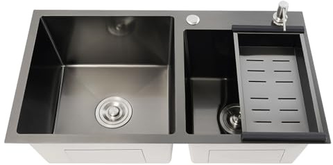 Begoniape Doppelt Einbauspüle aus Edelstahl 2 Becken Küchenspüle Hausspüle Spülbecken Set mit Abflusskorb und Seifenspender 78cm x 43cm x 22cm