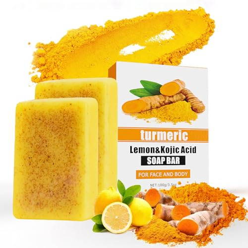 Turmeric Kojic Acid Soap 2PCS, Lemon Kurkuma Seife, Turmeric Soap gegen Dunkle Flecken, Kernseife Natur für Gesicht & Körper, für Hyperpigmentierung, Tiefenreinigung & Peeling