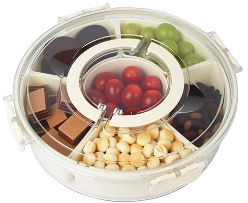 BUCOMTU Snackbox mit Fächern,360° Snackteller mit Deckel,Rund Snackbox Drehbar mit Deckel und Griff,Ideal für Kinderpicknicks und Familienfeiern, um Obst und Süßigkeiten aufzubewahren. (M)