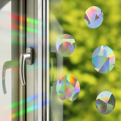Lumaire Suncatcher Regenbogen Fensterfolie, Kreis 5er-Set – Selbstklebend, Ultradünn, Magische Lichtspiele, Vogelschutz, 2x Ø 7 cm & 3x Ø 6 cm