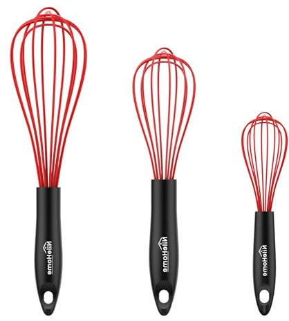 NileHome Silicone Whisk Set 8 10 12, 3 Pack Kitchen Whisk Kitchen Wisk Wire Whisks for Cooking, Whisking, Blending, Beating, Stirring-Red