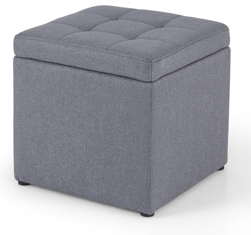 Multigot Storage Ottoman, Linen Fabric/Faux Leather Foot Stool with Hinge and Padded Seat, 40x40x40CM Cube Bench for Living Room, Bedroom and Office, 150Kg Capacity (Linen Fabric, Grey)