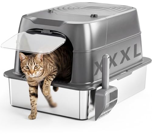 XXL kattlåda av rostfritt stål med lock, stor sluten kattlåda, rostfritt stål, kattlåda med spade, stor format hög kant, stänksäker, för stora katter