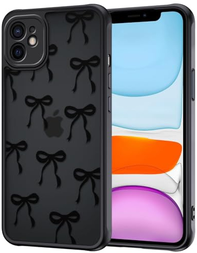 TVVTPU Cover per iPhone 11 con Protezione Fotocamera, Custodia Aesthetic Motivo Fiocco Disegno con Traslucida Opaca Sottile Posteriore Antiurto Anti-Impronte Case per Donne, Nero
