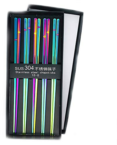 Juego de 5 pares de palillos de acero inoxidable 304 multicolor pulido, reutilizables, aptos para lavavajillas, palillos tradicionales, 9.3 pulgadas, palillos chinos japoneses