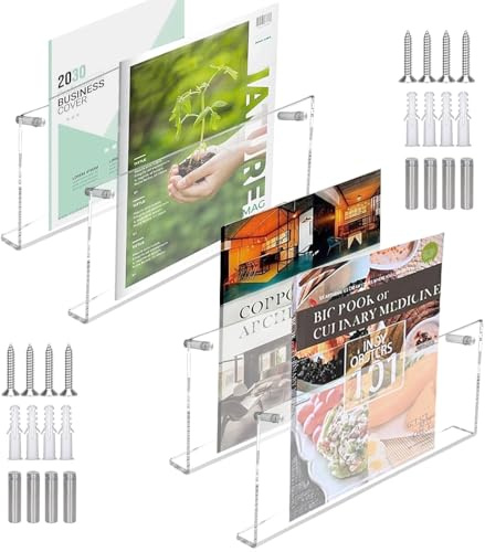 BXUUXA Acryl Zeitschriftenhalter Wand 4er Set Transparent 30 cm | Wandmontage mit 7,5 kg Tragkraft für Magazine, Broschüren, Prospekte und Dokumente in Büro oder Wohnzimmer