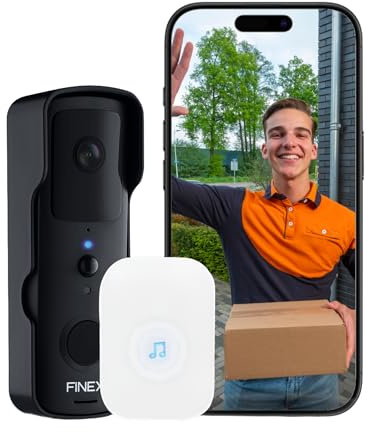 FINEX Video Türklingel, inkl. Innenklingel & Batterien, Tag- & Nachtmodus, Ohne Abonnement, Kabellose Türklingel, T-Ring-Klingelton, Video-Türklingel mit Kamera (V1)