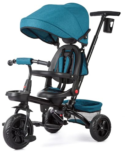 Kinderdreirad Ab 1 Jahr Mit Schubstange – 6 in 1 Klappbar Dreirad Mit 360° Drehbarem Sitz, Abnehmbarem Sonnendach, Höhenverstellbarem Lenker, Eva-Reifen, Sicherheitsgurt, Staufach, Bis 30 kg, Grün