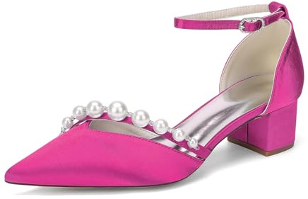 HFWXYSA Escarpins pour Femmes à Bout Pointu avec Bride Ornée de Perles, Chaussures à Talons Bloc Bas Confortables en Satin pour Mariage, Fête, Soirée,Fuchsia,37 EU