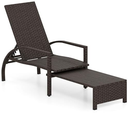 COSTWAY Sonnenliege Rattan, Gartenliege mit ausziehbarer Fußstütze & 6-Fach Verstellbarer Rückenlehne, Liegestuhl bis 180 kg belastbar, Terrassenliege für Garten, Terrasse, Balkon